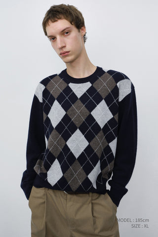UNISEX ARGYLE CREWNECK SWEATER NAVY