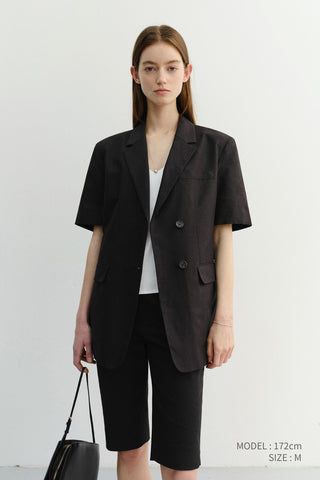 HALF SLEEVE BELTED LINEN JACKET BLACK