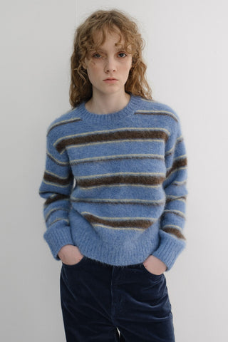 UNISEX STRIPED HAIRY SWEATER SOFT BLUE DEEP BROWN