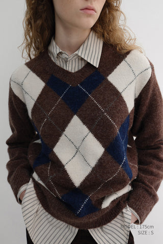UNISEX HAIRY ALPACA ARGYLE SWEATER GREYISH BROWN