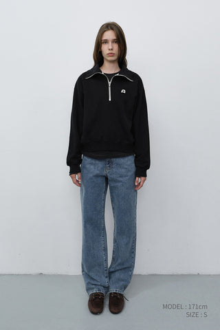 UNISEX LEATHER LOGO HALF ZIP-UP SWEATSHIRT BLACK