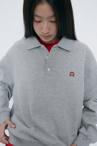UNISEX LEATHER LOGO COLLARED T-SHIRT MELANGE GREY