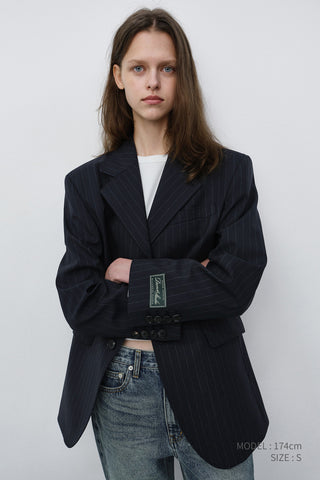 UNISEX REFINED MASCULINE WOOL BLAZER NAVY STRIPE