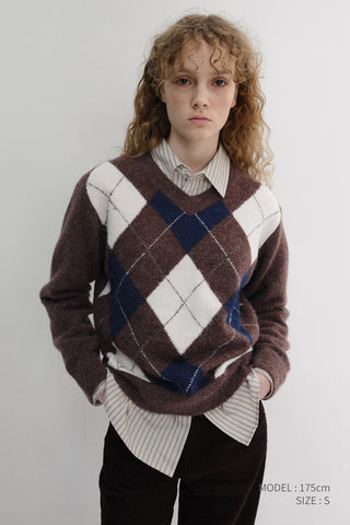 UNISEX HAIRY ALPACA ARGYLE SWEATER GREYISH BROWN