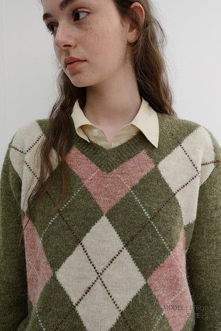 UNISEX HAIRY ALPACA ARGYLE SWEATER OLIVE KHAKI