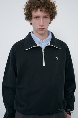 UNISEX LEATHER LOGO HALF ZIP-UP SWEATSHIRT BLACK