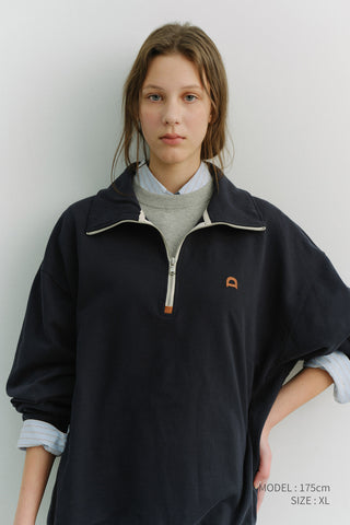 UNISEX LEATHER LOGO HALF ZIP-UP SWEATSHIRT FRENCH NAVY