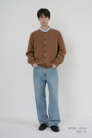 UNISEX HAIRY CABLE CREW NECK CARDIGAN CAMEL