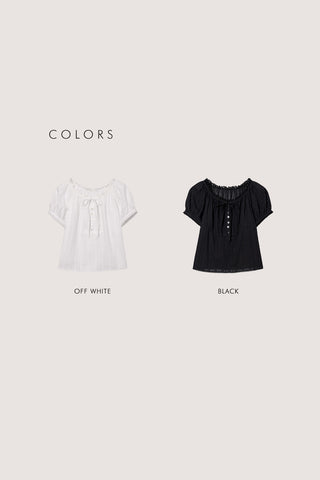 RIBBONED SHIRRING BLOUSE OFF WHITE