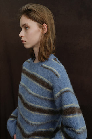 UNISEX STRIPED HAIRY SWEATER SOFT BLUE DEEP BROWN
