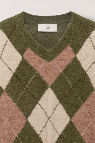 UNISEX HAIRY ALPACA ARGYLE SWEATER OLIVE KHAKI