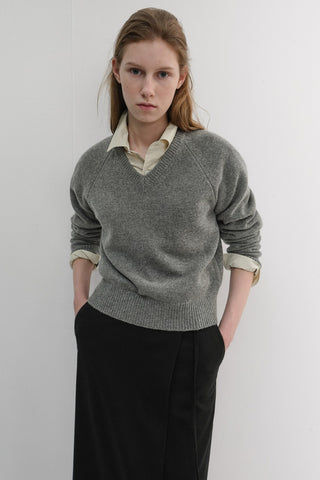 UNISEX SOFT VOLUME V-NECK SWEATER MELANGE GREY