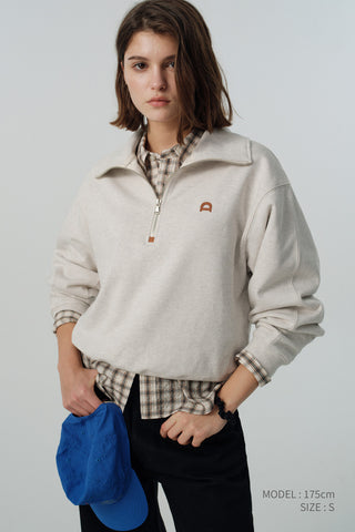 UNISEX LEATHER LOGO HALF ZIP-UP SWEATSHIRT OATMEAL MELANGE