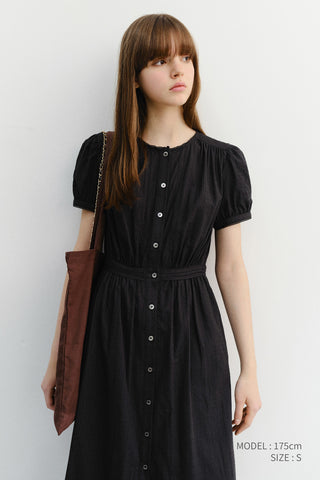 MAXI SHIRRING HALF SLEEVE DRESS BLACK
