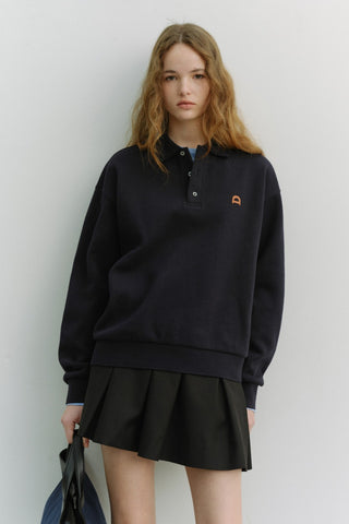 UNISEX LEATHER LOGO COLLARED T-SHIRT FRENCH NAVY
