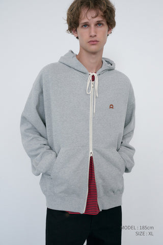 UNISEX LEATHER LOGO ZIP-UP HOODIE MELANGE GREY