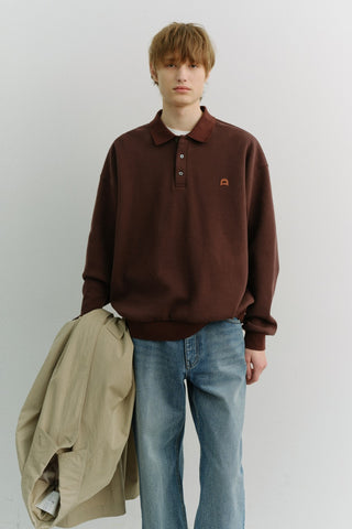UNISEX LEATHER LOGO COLLARED T-SHIRT BROWN