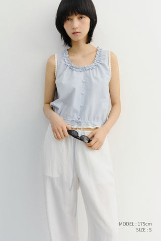 FRILL SLEEVELESS BLOUSE SOFT BLUE CHECK