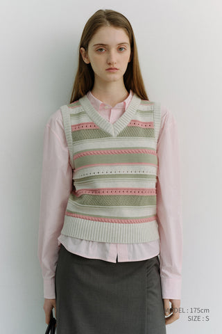 UNISEX CRAFTED STRIPED KNIT VEST IVORY MINT