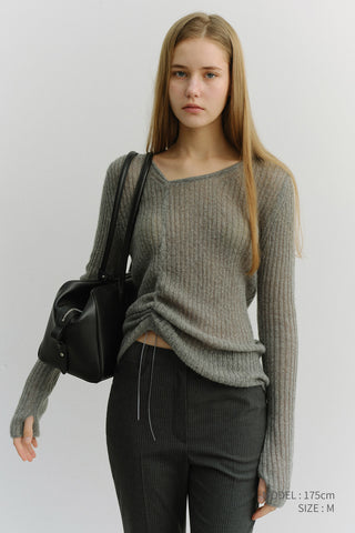2-WAY SHIRRING KNIT TOP MELANGE GREY