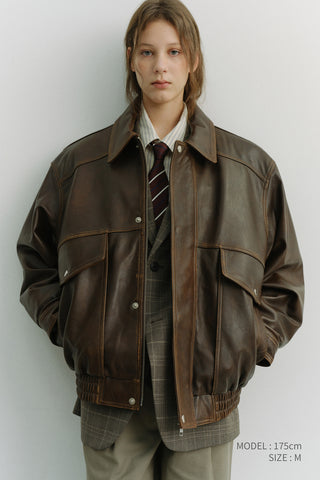UNISEX OVERSIZED VINTAGE LEATHER BLOUSON BRUSHED BROWN