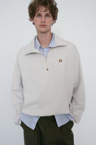UNISEX LEATHER LOGO HALF ZIP-UP SWEATSHIRT OATMEAL MELANGE