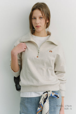 UNISEX LEATHER LOGO HALF ZIP-UP SWEATSHIRT OATMEAL MELANGE