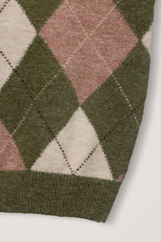 UNISEX HAIRY ALPACA ARGYLE SWEATER OLIVE KHAKI