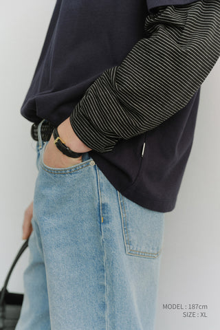 UNISEX LAYERED SET-UP T-SHIRT NAVY BLACK STRIPE