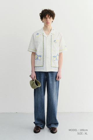 UNISEX HAND-DRAWING OPEN COLLARED SHIRT LEMON GARDEN