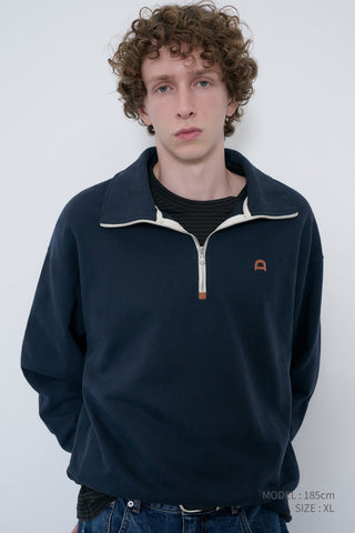 UNISEX LEATHER LOGO HALF ZIP-UP SWEATSHIRT FRENCH NAVY