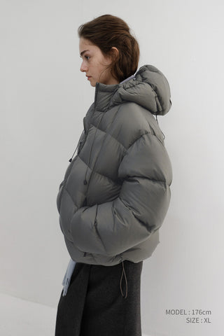 UNISEX HOODED VOLUME GOOSE DOWN JACKET GREYISH KHAKI