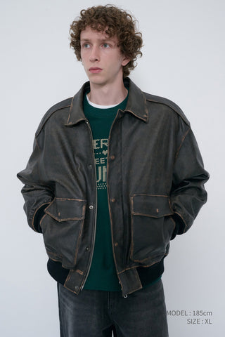 UNISEX DETACHABLE A-2 LEATHER BLOUSON BRUSHED BLACK