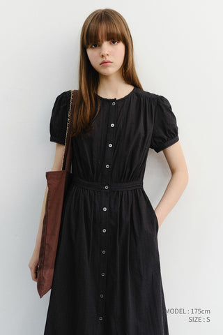MAXI SHIRRING HALF SLEEVE DRESS BLACK