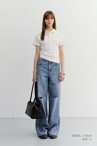 DAMAGED WIDE JEANS CLASSIC BLUE