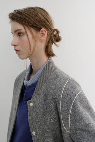 UNISEX BOUCLE WOOL VARSITY JACKET MELANGE GREY