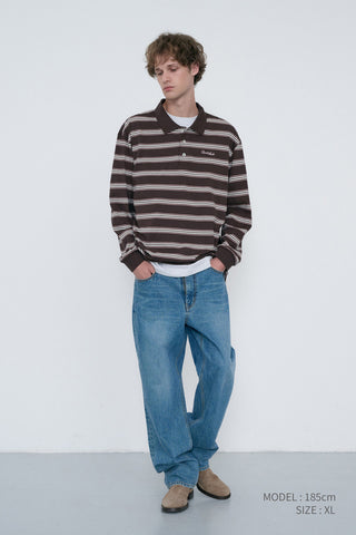 UNISEX MULTI STRIPE COLLARED T-SHIRT BROWN STRIPE