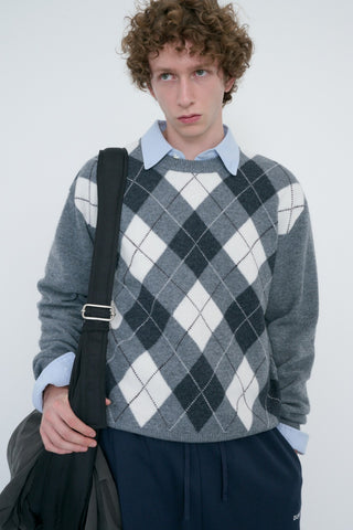 UNISEX ARGYLE CREWNECK SWEATER GREY