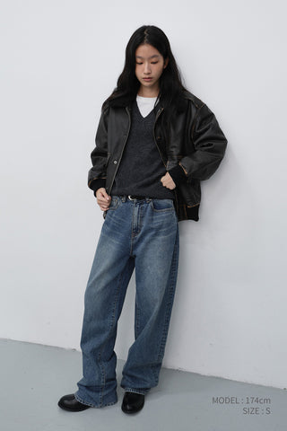UNISEX DETACHABLE A-2 LEATHER BLOUSON BRUSHED BLACK
