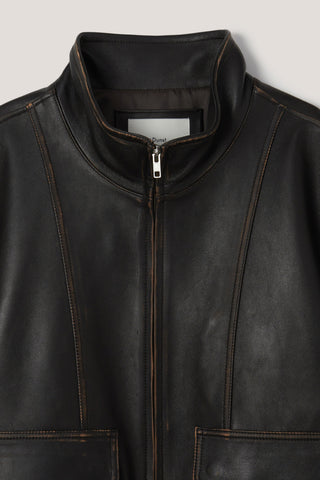 UNISEX STAND COLLARED LEATHER BLOUSON BRUSHED BLACK