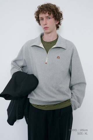 UNISEX LEATHER LOGO HALF ZIP-UP SWEATSHIRT MELANGE GREY