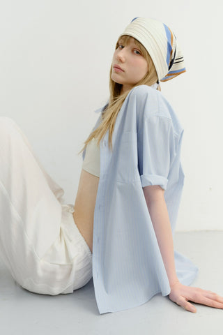 UNISEX OVERSIZED HALF SLEEVE STRIPED SHIRT SOFT BLUE STRIPE