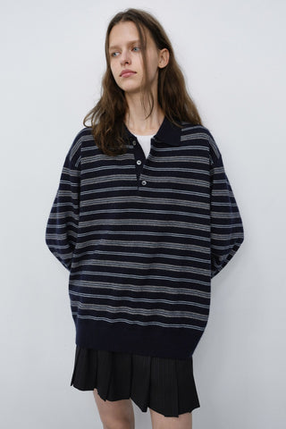 UNISEX COLLARED STRIPED SWEATER NAVY