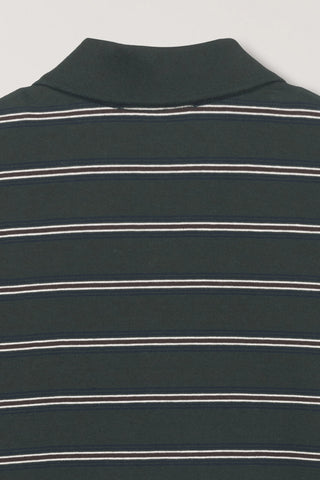 UNISEX MULTI STRIPE COLLARED T-SHIRT FOREST GREEN STRIPE