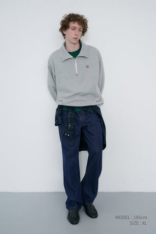 UNISEX LEATHER LOGO HALF ZIP-UP SWEATSHIRT MELANGE GREY