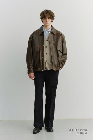 UNISEX OVERSIZED VINTAGE LEATHER BLOUSON BRUSHED BROWN
