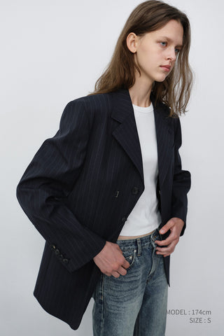 UNISEX REFINED MASCULINE WOOL BLAZER NAVY STRIPE