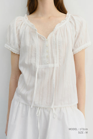 RIBBONED SHIRRING BLOUSE OFF WHITE