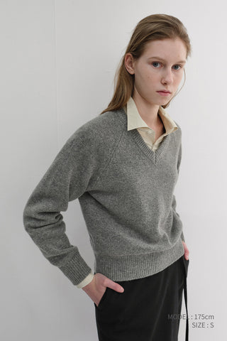 UNISEX SOFT VOLUME V-NECK SWEATER MELANGE GREY