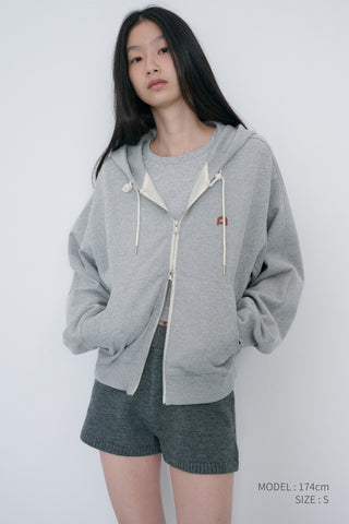 UNISEX LEATHER LOGO ZIP-UP HOODIE MELANGE GREY